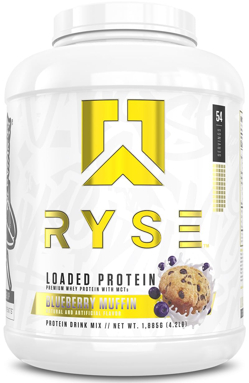 RYSE Loaded Protein Powder tub front with blueberry muffin flavor for post-workout nutrition
