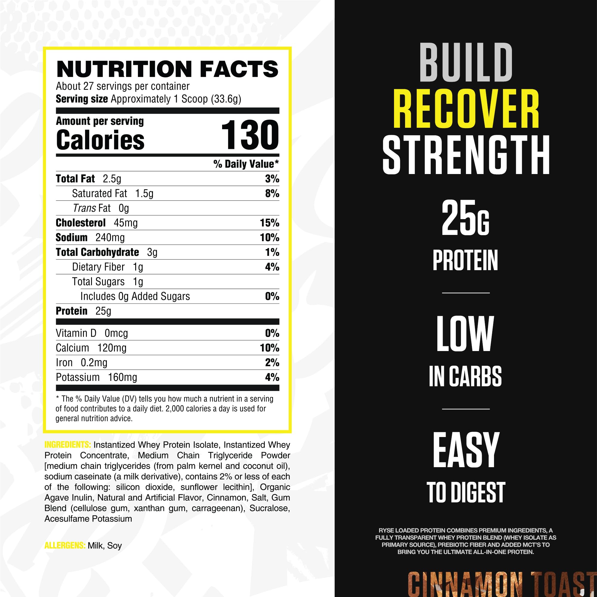 RYSE Loaded Protein Cinnamon Toast scoop highlighting fast-absorbing whey for quick recovery