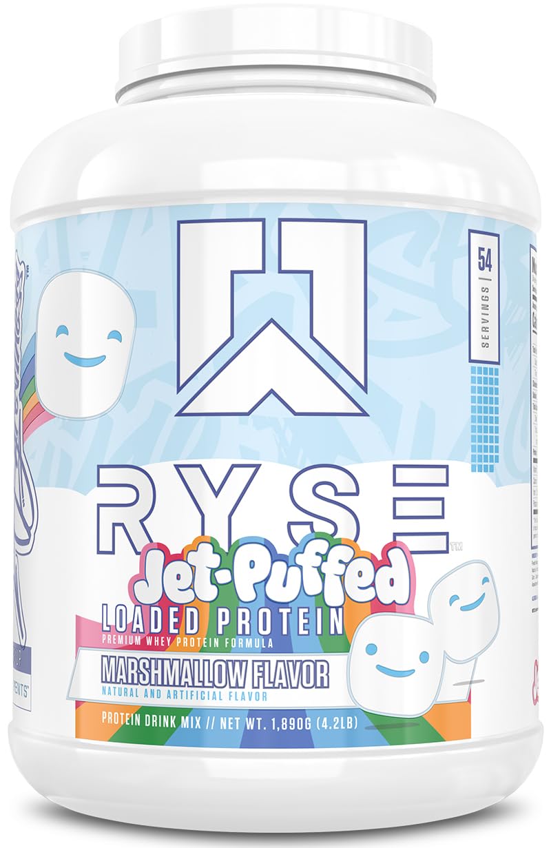 RYSE Loaded Protein Powder tub with jet-puffed marshmallow flavor for a satisfying shake.