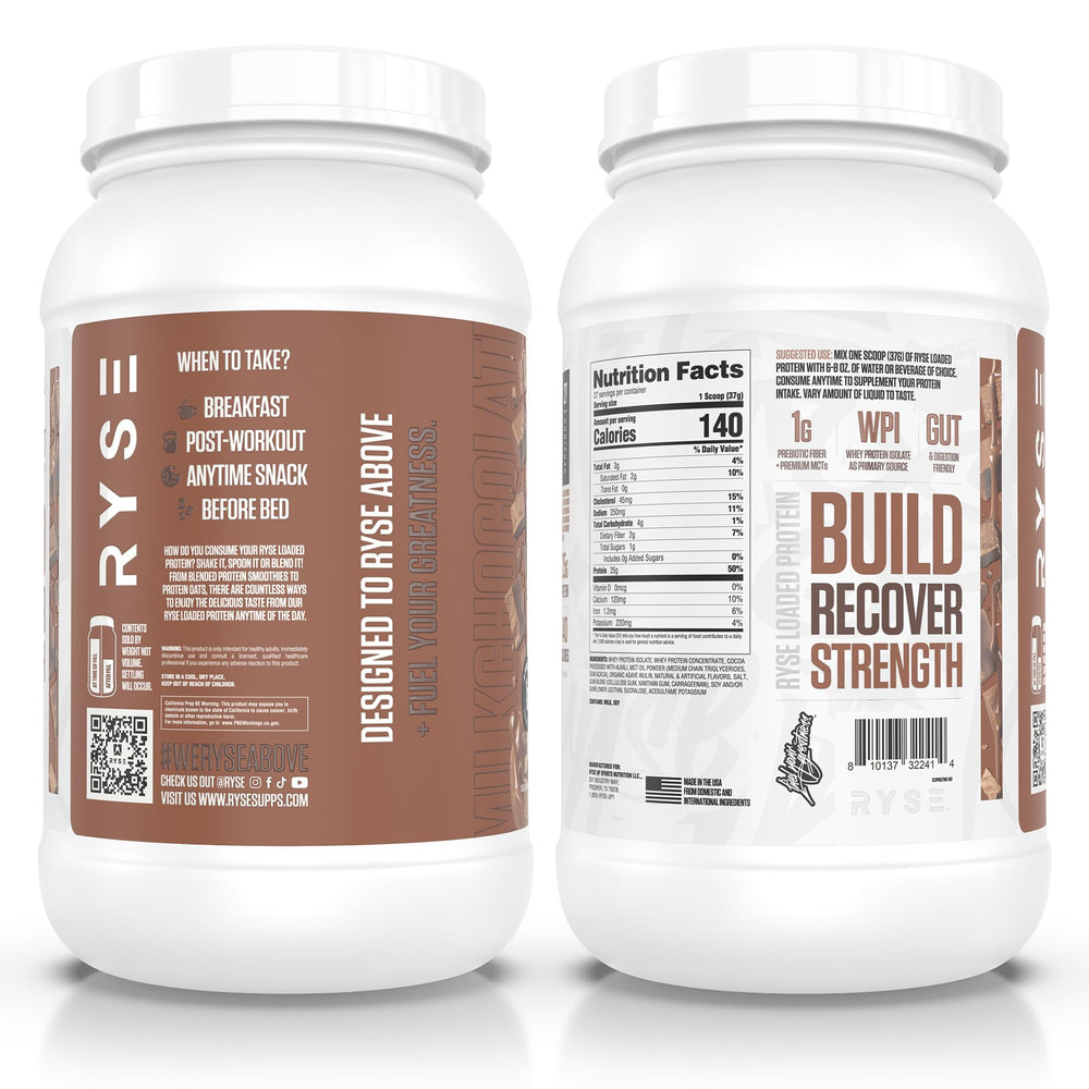 RYSE Loaded Protein Milk Chocolate ingredient wheel highlights high-quality protein sources.