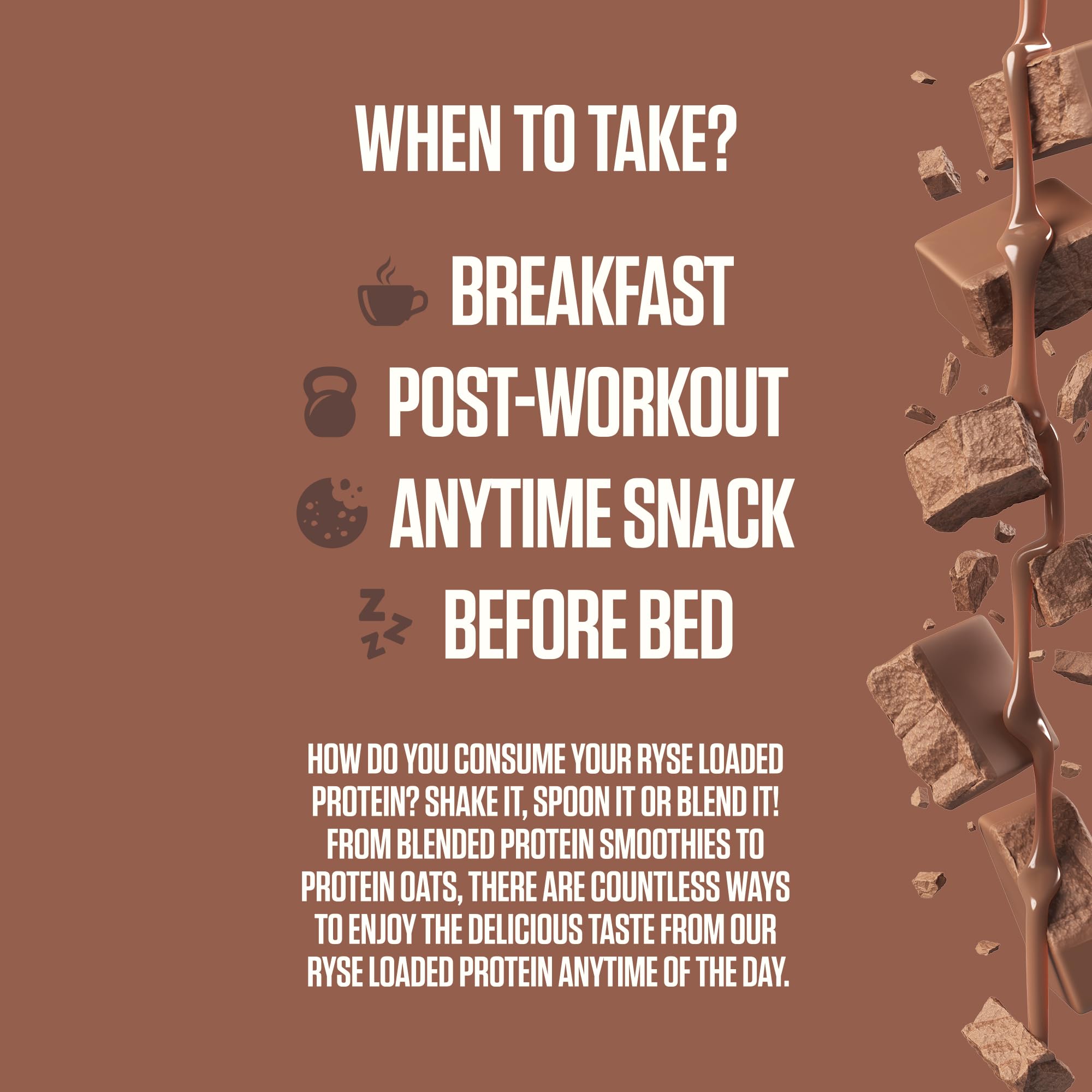 RYSE Loaded Protein Milk Chocolate label close-up spotlights prebiotics and MCT benefits.