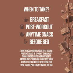 RYSE Loaded Protein Milk Chocolate label close-up spotlights prebiotics and MCT benefits.