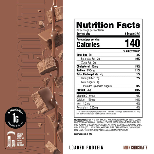 RYSE Loaded Protein Milk Chocolate powder texture close-up shows smooth mixability.