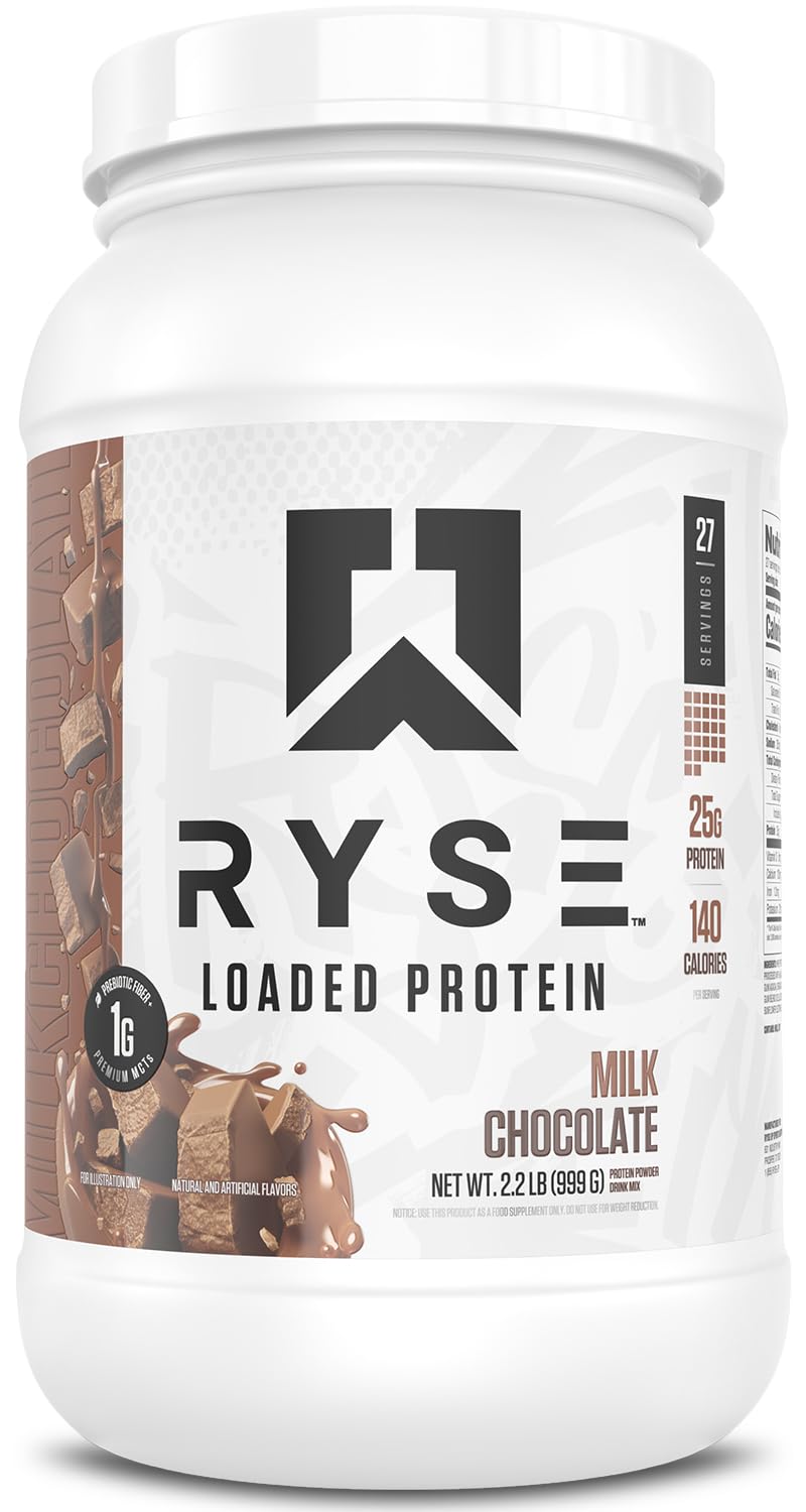 RYSE Loaded Protein Milk Chocolate tub front view highlights premium protein for lean gains.