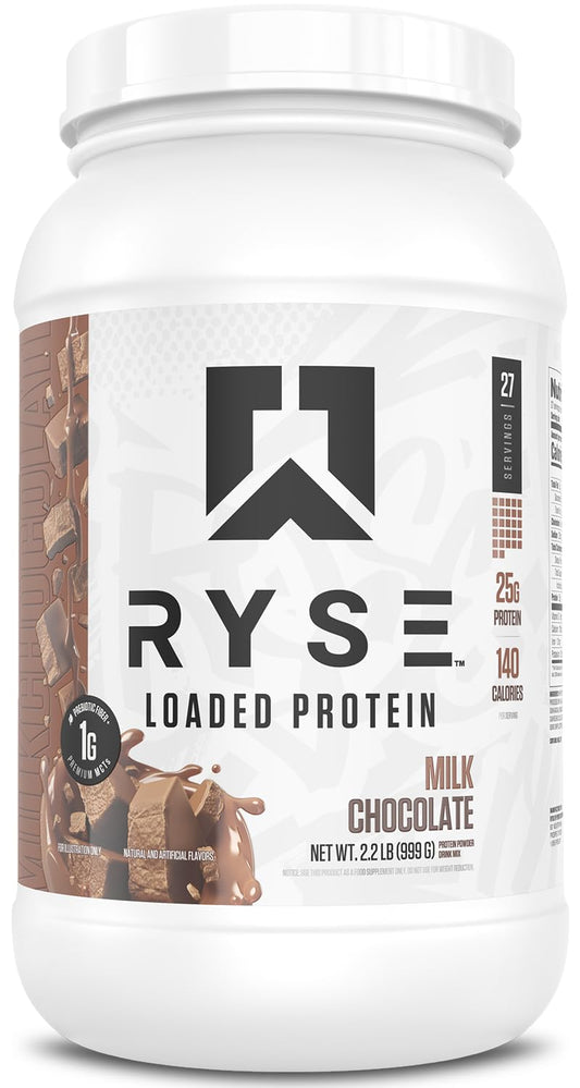 RYSE Loaded Protein Milk Chocolate tub front view highlights premium protein for lean gains.
