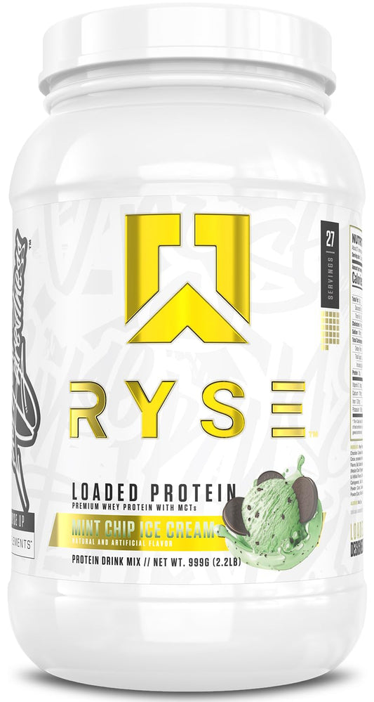 RYSE Loaded Protein Mint Chip Ice Cream tub showcases premium formula and flavor
