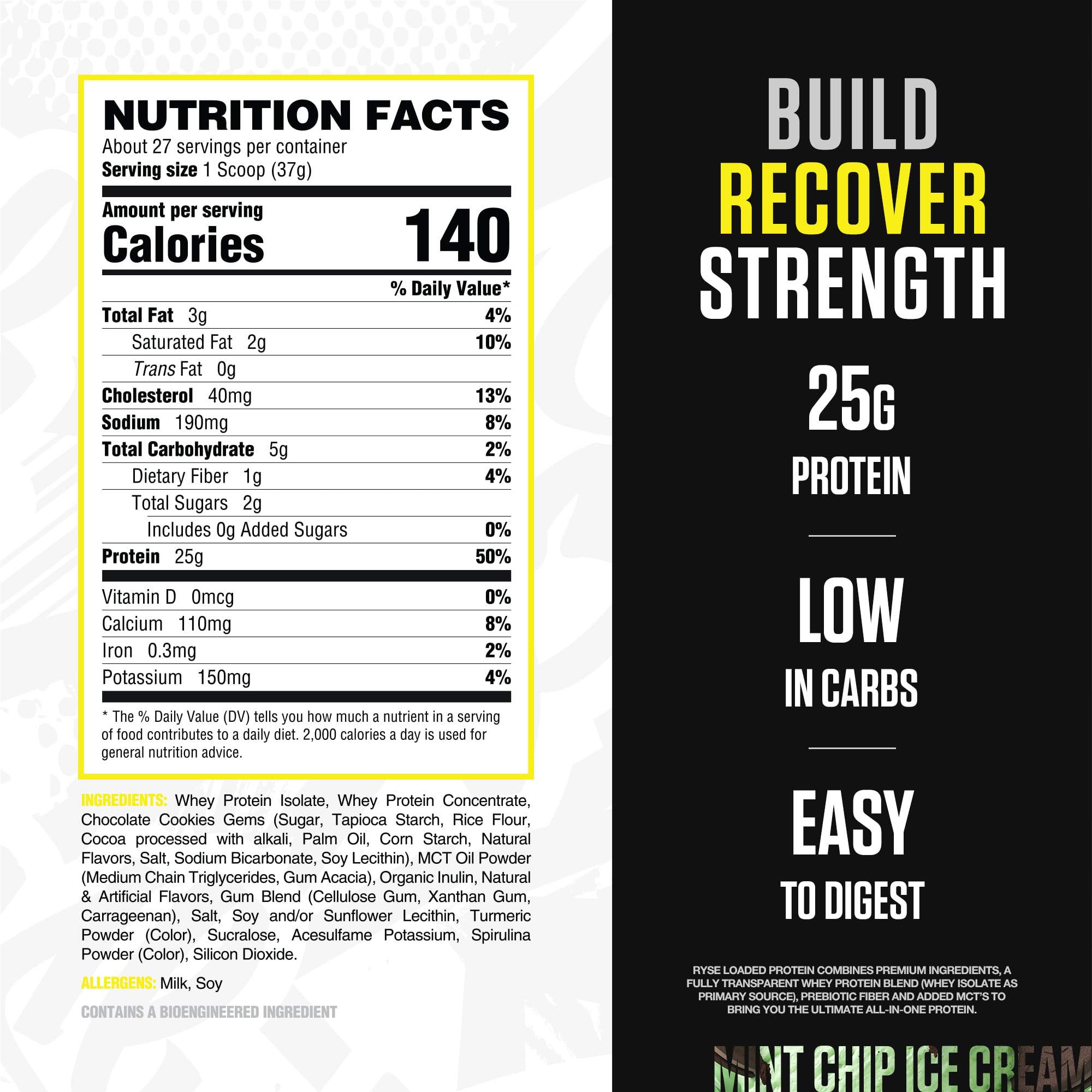 RYSE Loaded Protein Mint Chip label close-up highlights clean ingredients