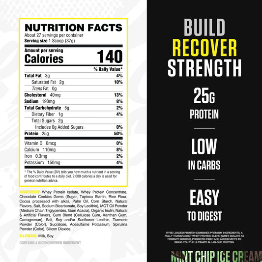 RYSE Loaded Protein Mint Chip label close-up highlights clean ingredients
