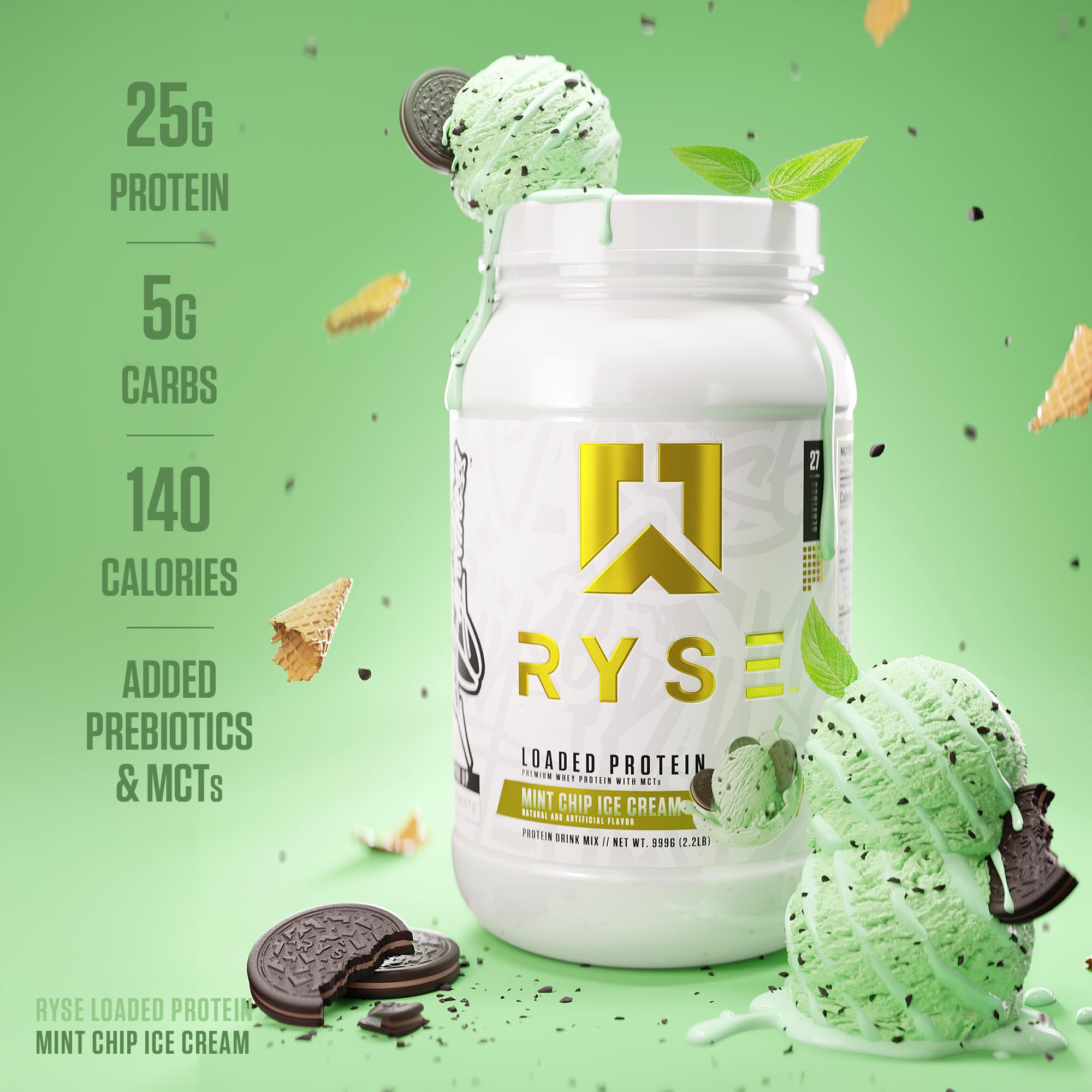 RYSE Loaded Protein Mint Chip scoop shows serving size and creamy texture