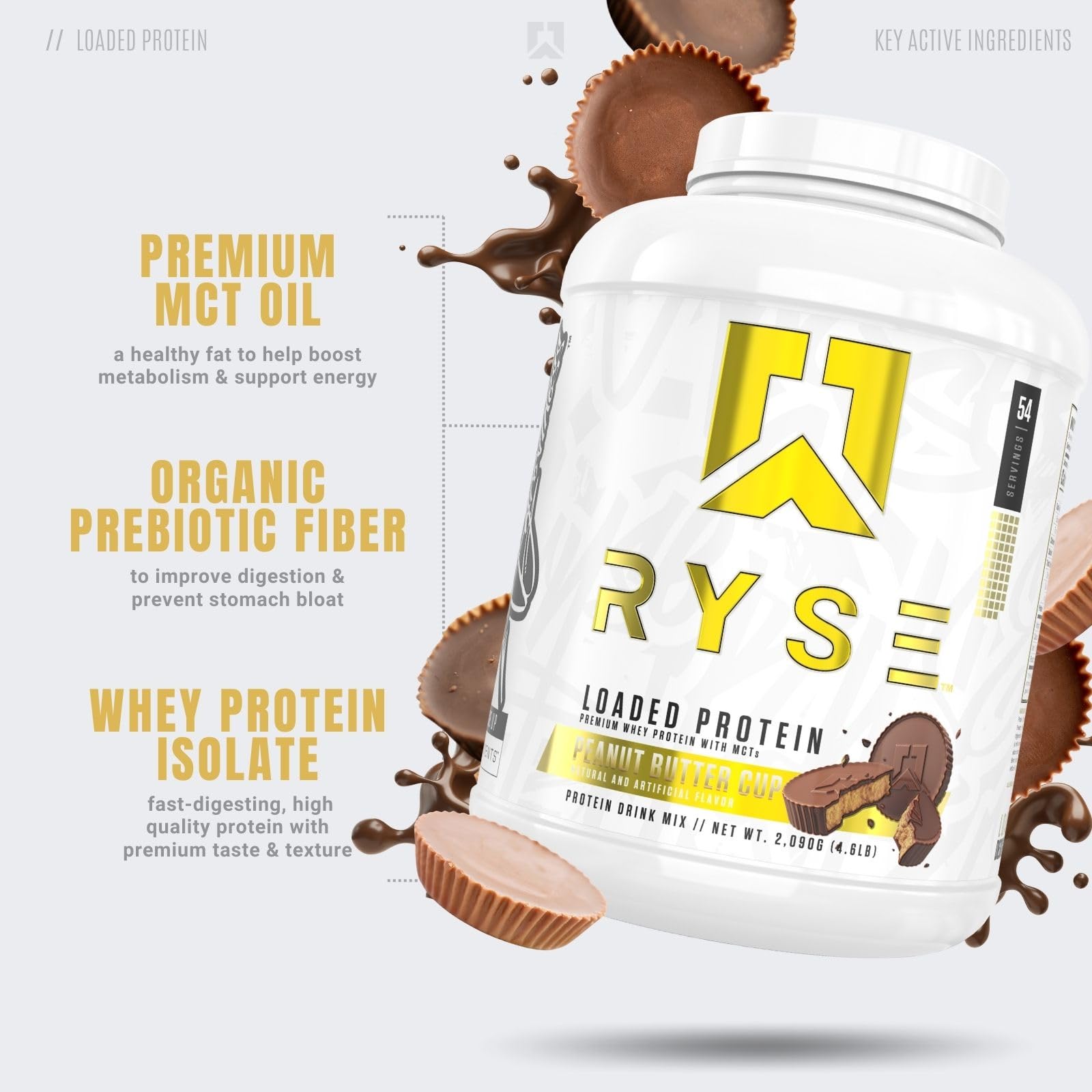 Close-up of smooth protein texture on RYSE tub label for recovery-focused nutrition.