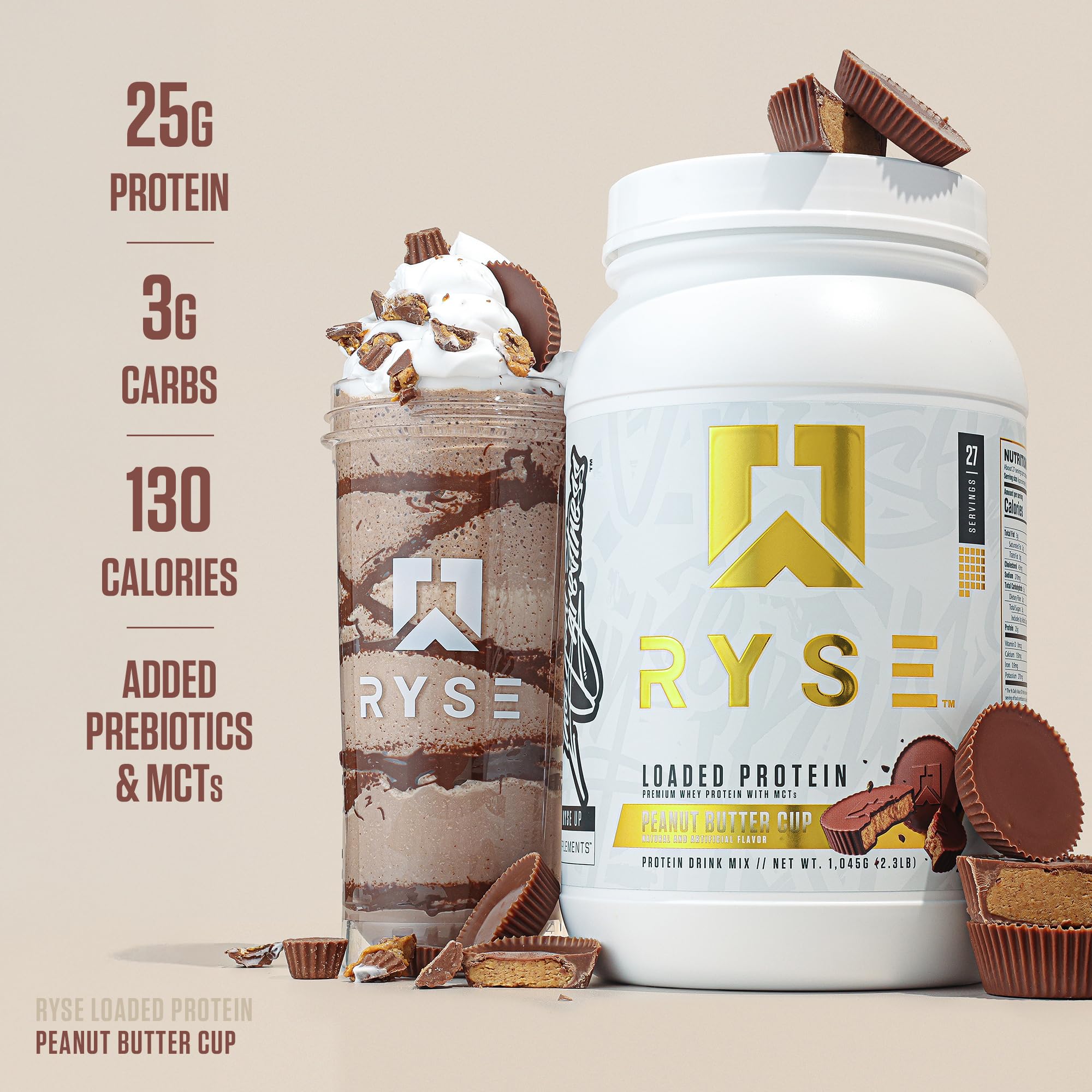 RYSE Loaded Protein Peanut Butter Cup nutrition panel highlights 25g protein.