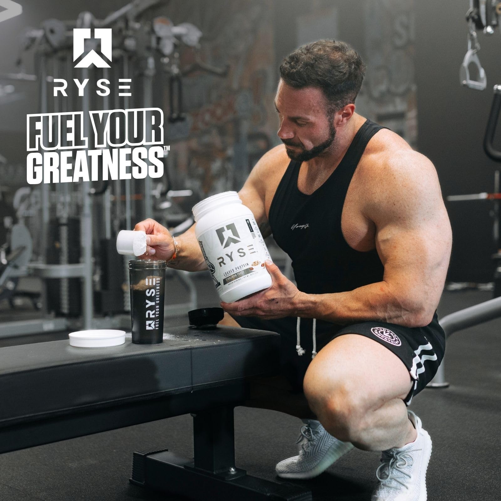 Measuring scoop beside a glass showing one serving of RYSE protein powder.