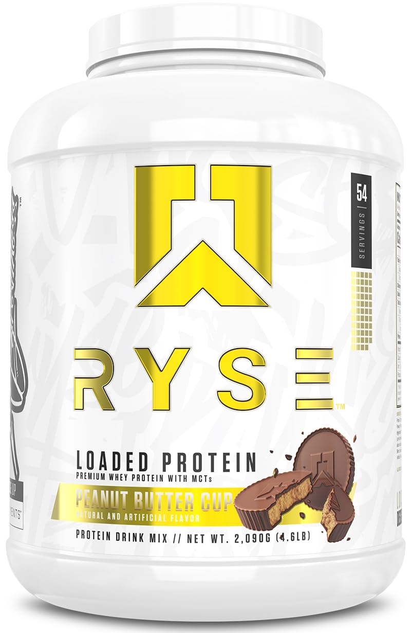RYSE Loaded Protein Powder Peanut Butter Cup tub front for post-workout recovery.