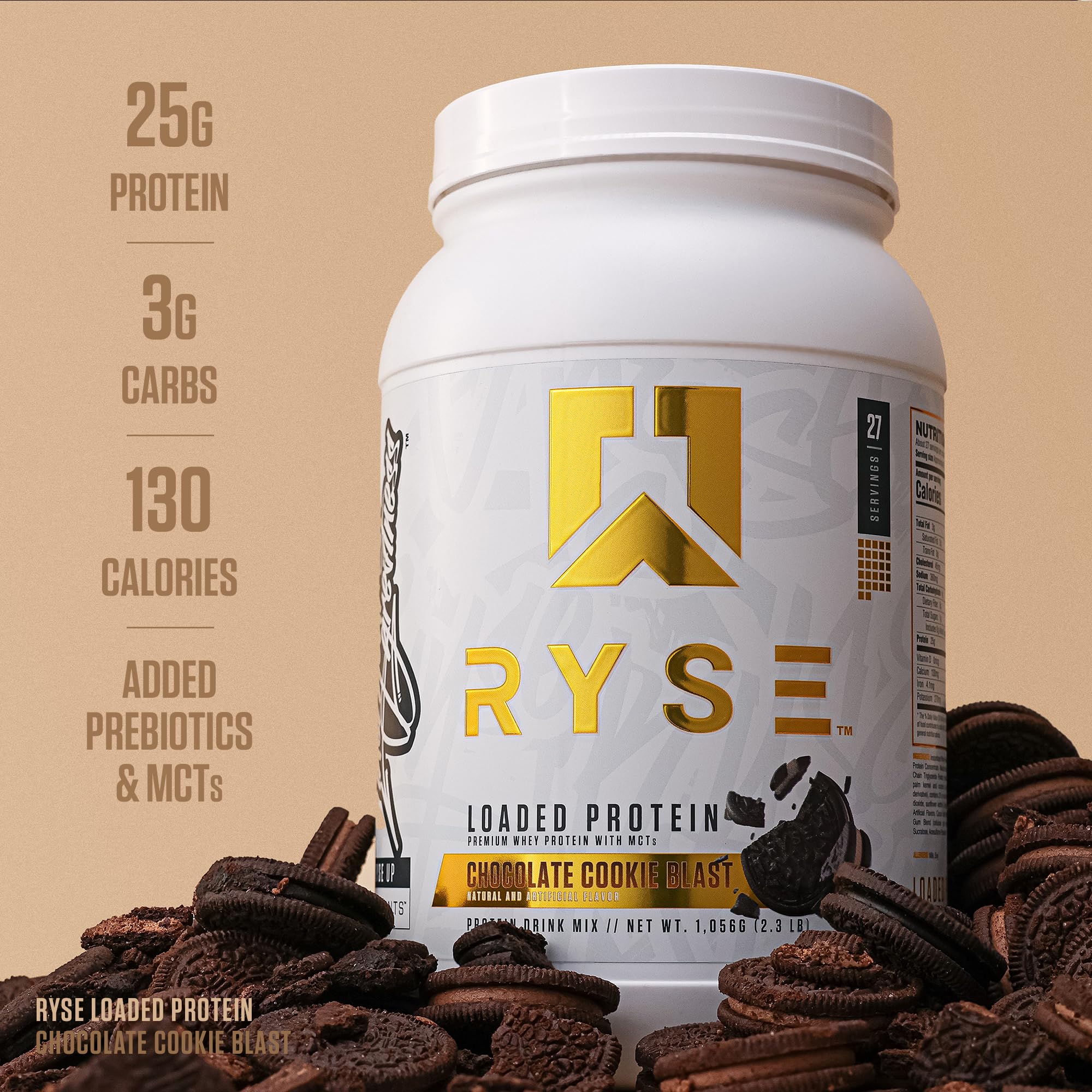 RYSE Loaded Protein Powder bottle label showcases prebiotic fiber benefits