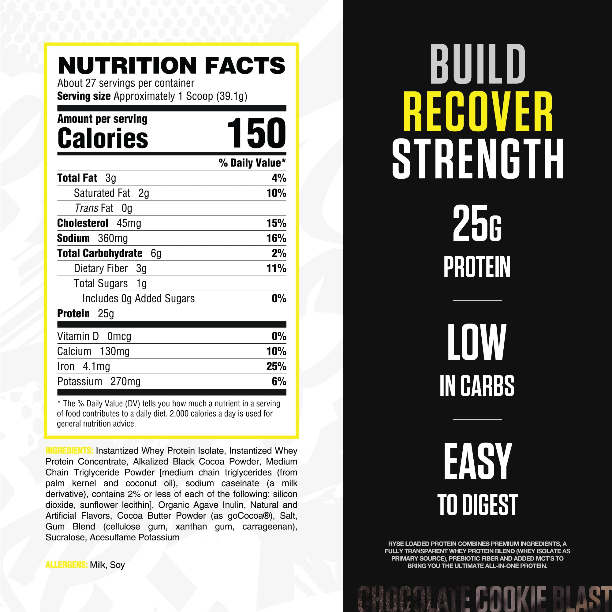 RYSE Loaded Protein Powder scoop beside glass highlighting 25g protein per serving