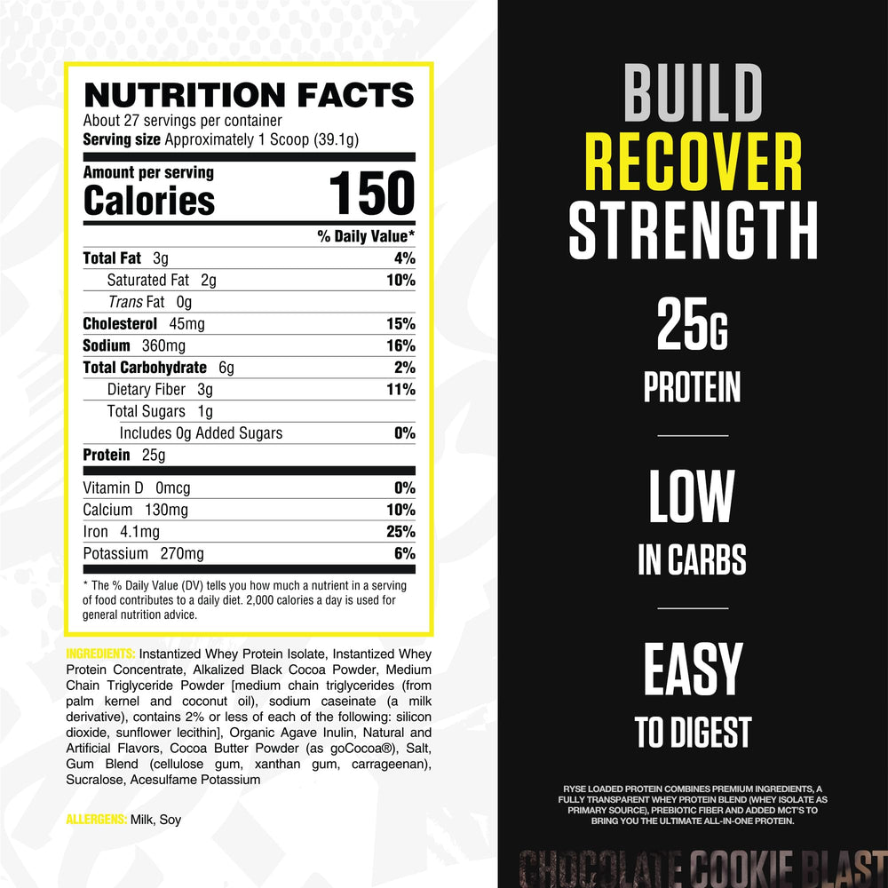 RYSE Loaded Protein Powder scoop beside glass highlighting 25g protein per serving