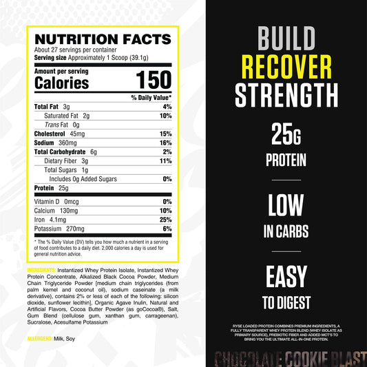 RYSE Loaded Protein Powder scoop beside glass highlighting 25g protein per serving