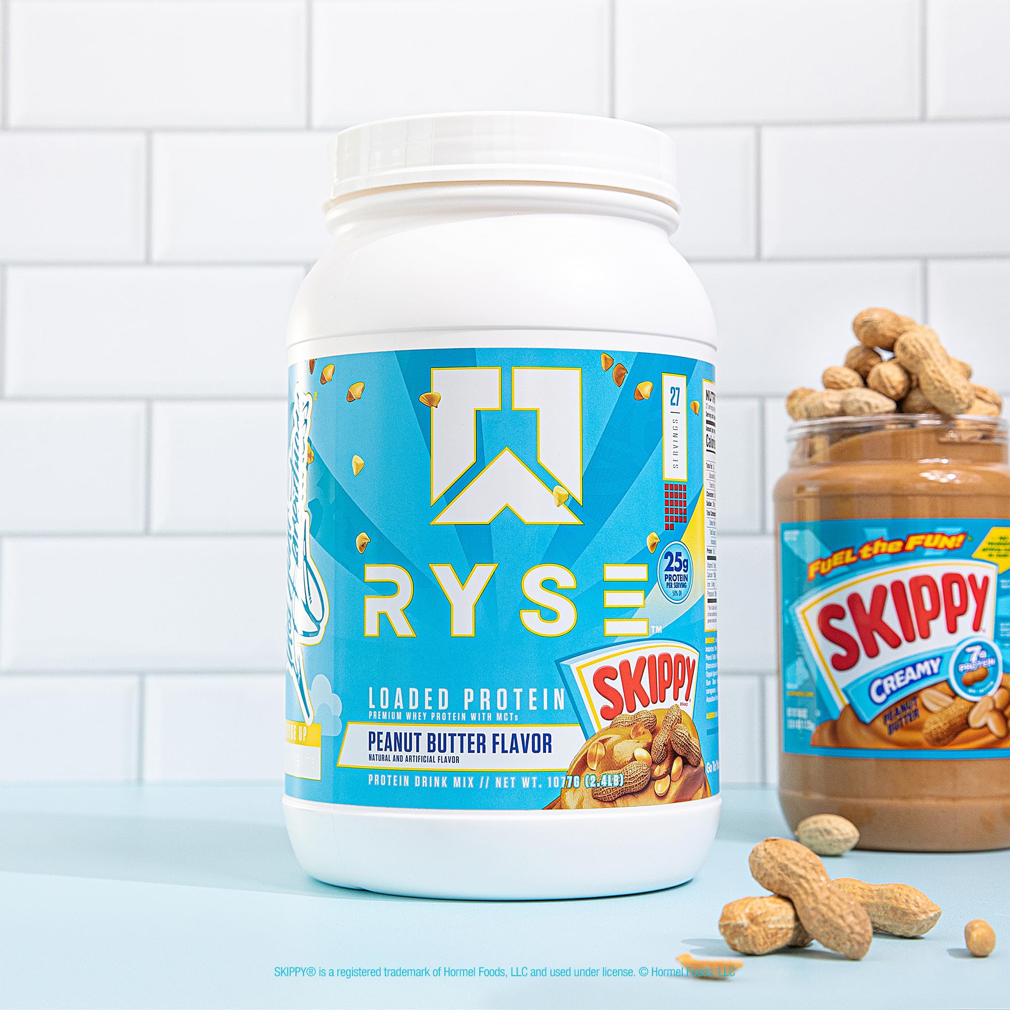 RYSE Loaded Protein Powder Skippy Peanut Butter nutrition panel highlights 25g protein per serving