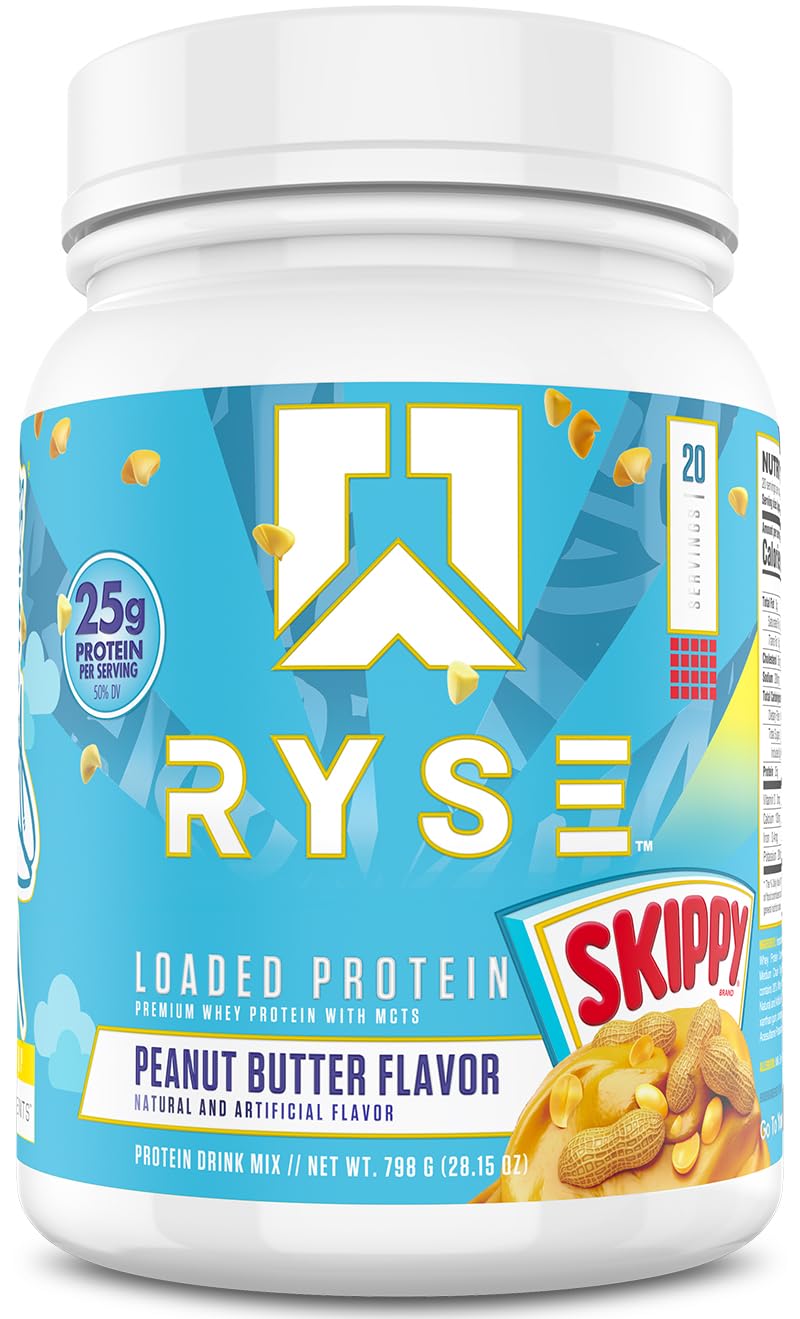 RYSE Loaded Protein Powder Skippy Peanut Butter packaging highlights premium protein for performance