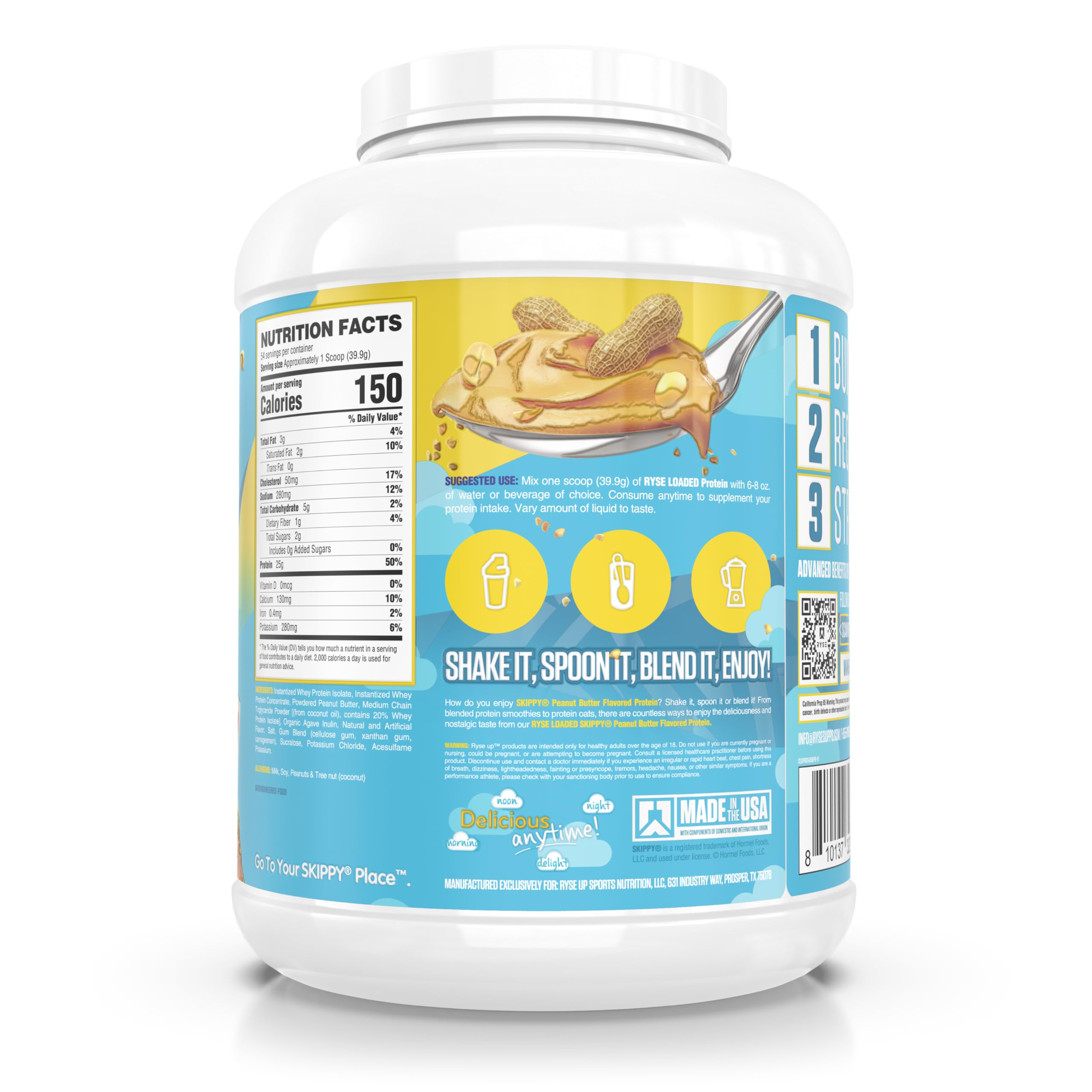 Shake glass of RYSE Loaded Protein Powder in Skippy Peanut Butter flavor for recovery