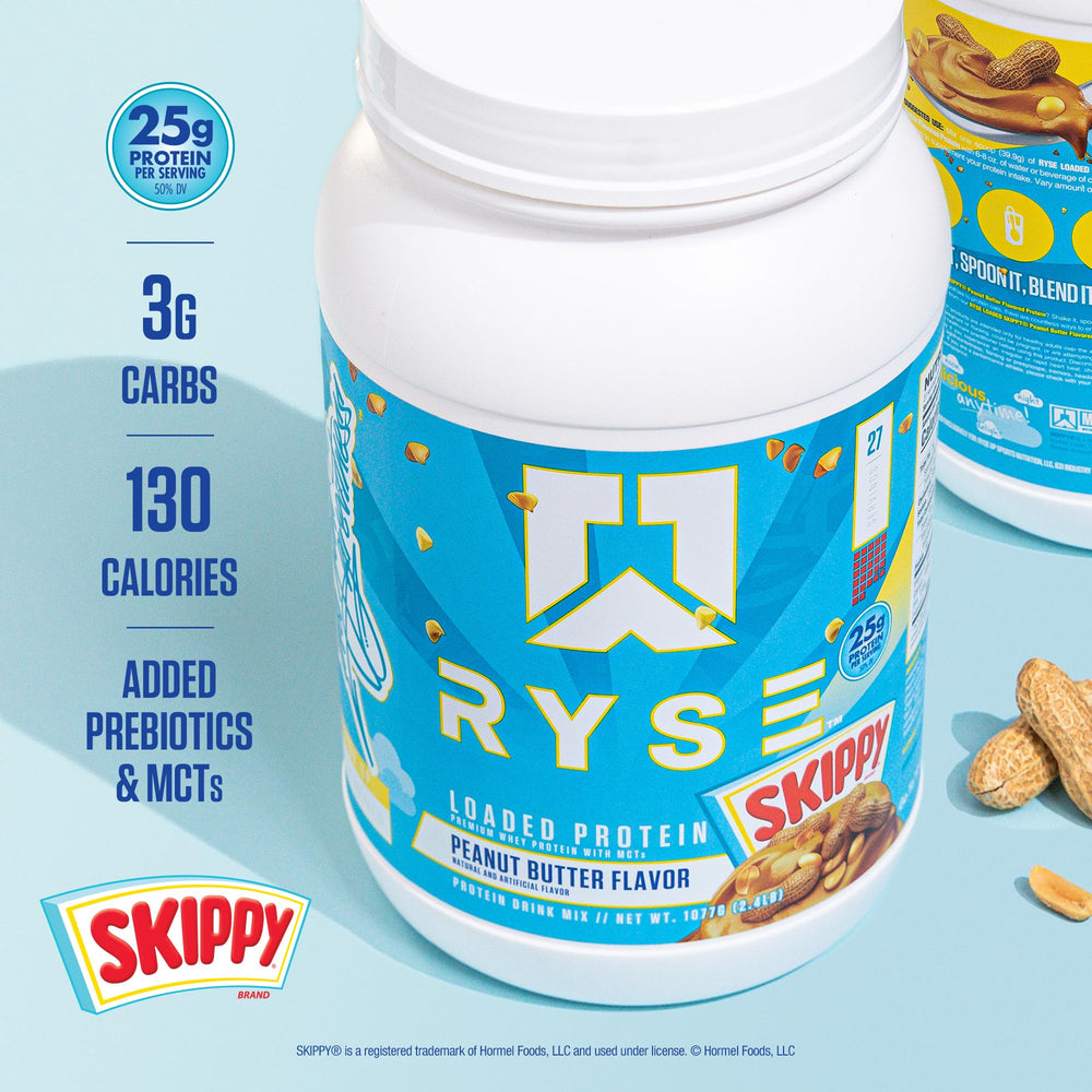 RYSE Loaded Protein Powder Skippy Peanut Butter texture close-up shows creamy texture