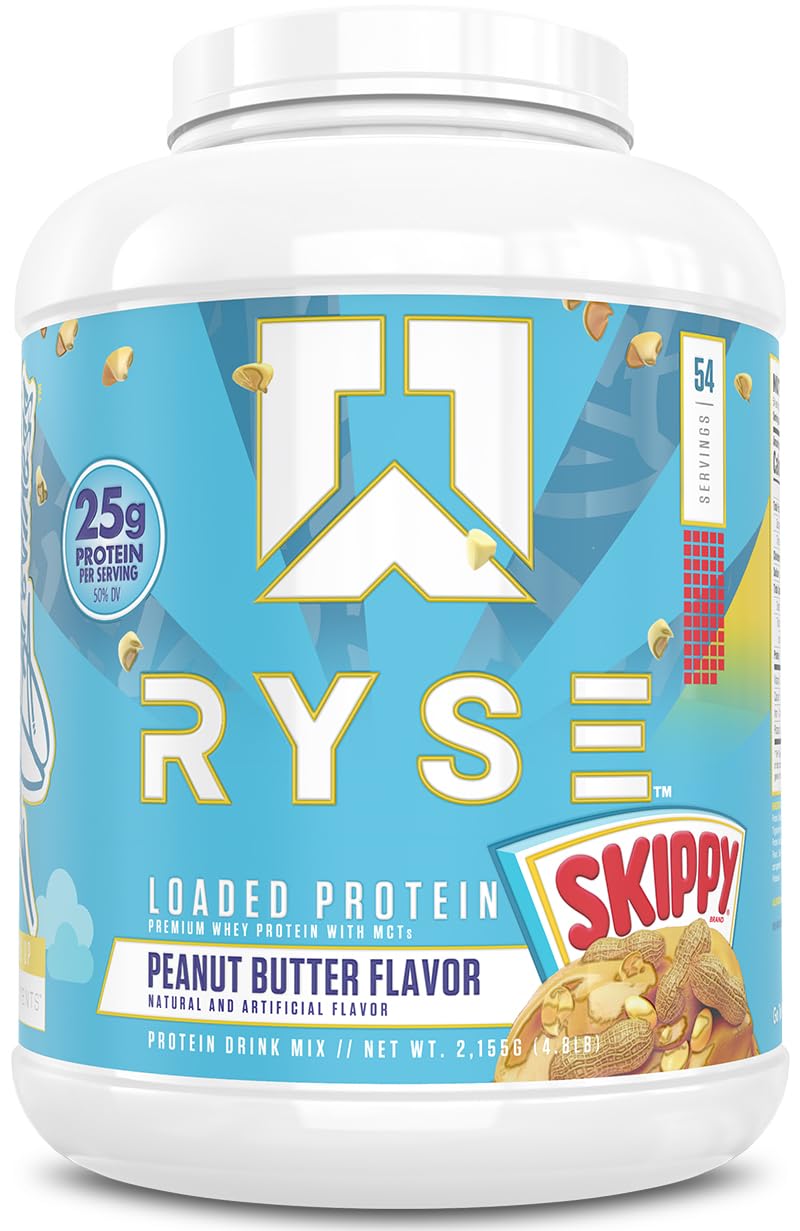 RYSE Loaded Protein Powder tub front with Skippy Peanut Butter flavor for post-workout protein