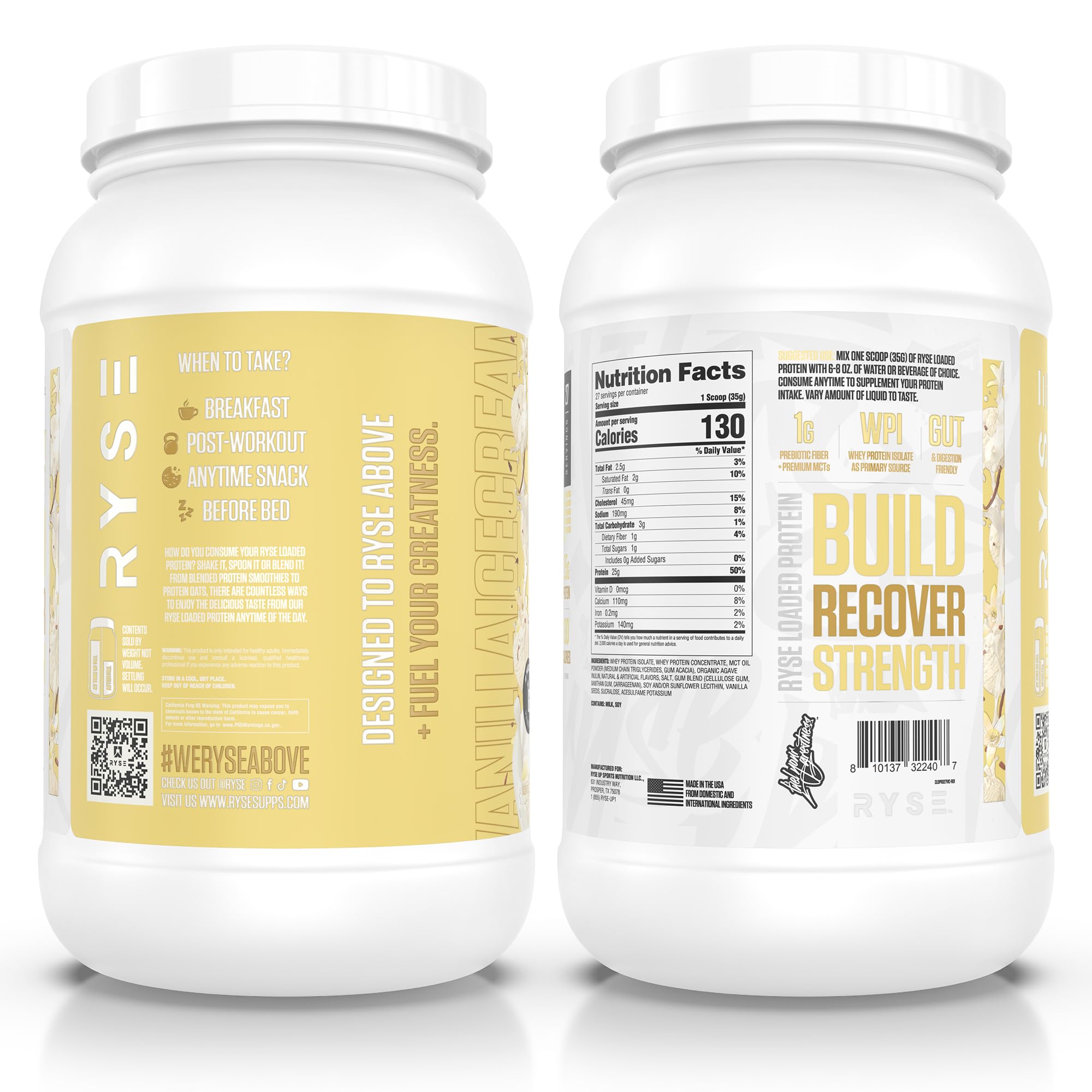 RYSE tub label shows 27 servings for a month of workouts.