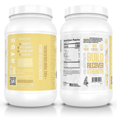 RYSE tub label shows 27 servings for a month of workouts.