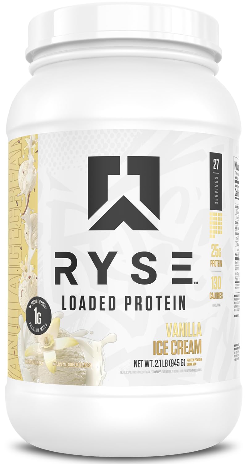 RYSE Loaded Protein Powder vanilla shake being poured for post-workout fuel.