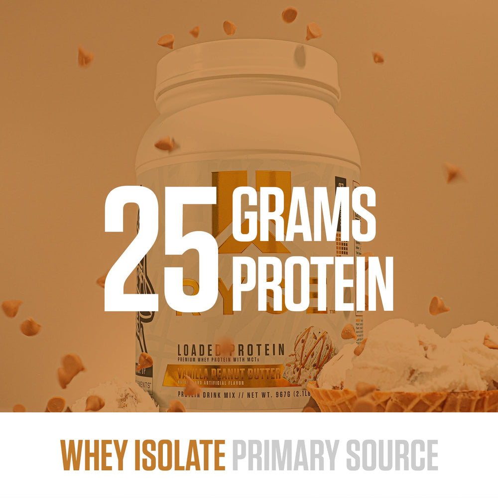 RYSE scoop with label reveals 25g whey protein for muscle support and fast absorption.