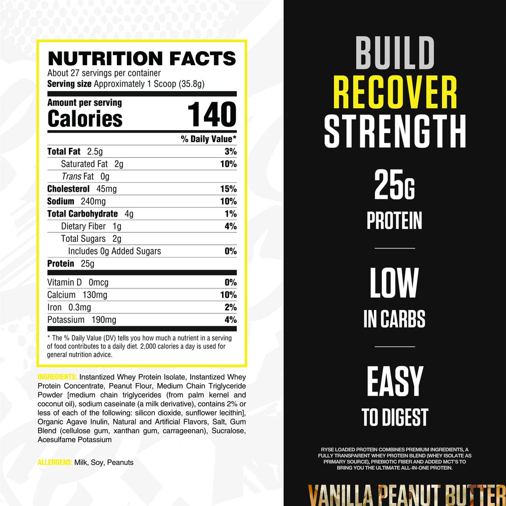 RYSE Loaded Protein Powder Vanilla Peanut Butter shake showing smooth texture and flavor.