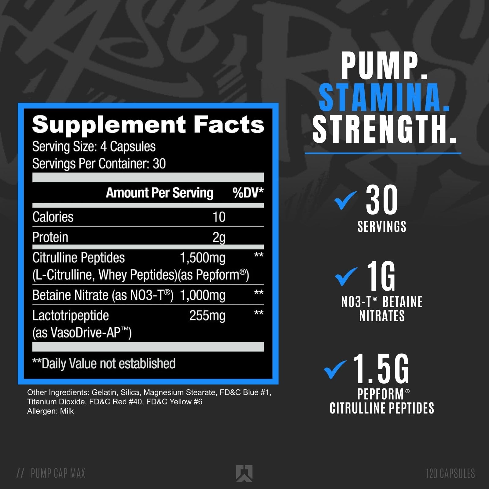 RYSE Pump Cap Max label close-up showing citrulline and betaine nitrate for nitric oxide support