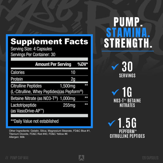 RYSE Pump Cap Max label close-up showing citrulline and betaine nitrate for nitric oxide support