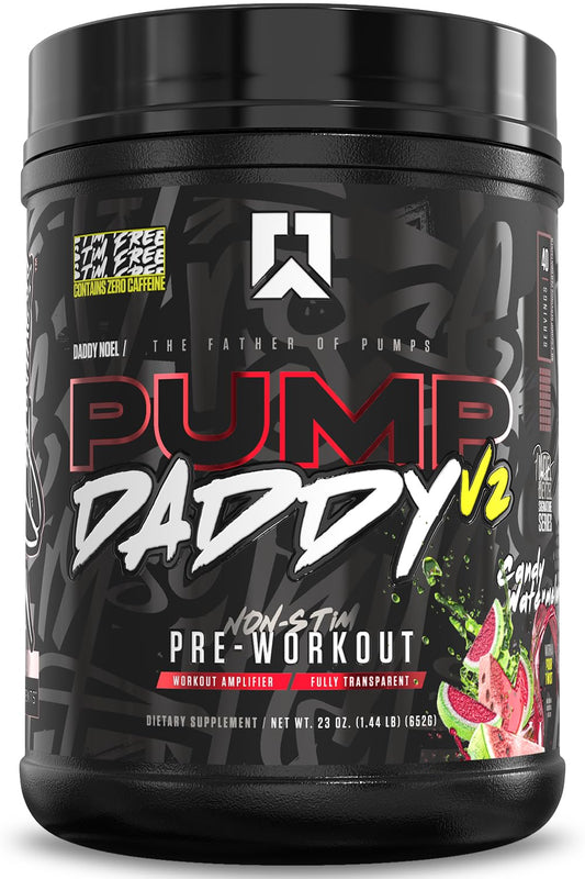 RYSE Pump Daddy V2 Candy Watermelon bottle front showing non-stim pump benefits.