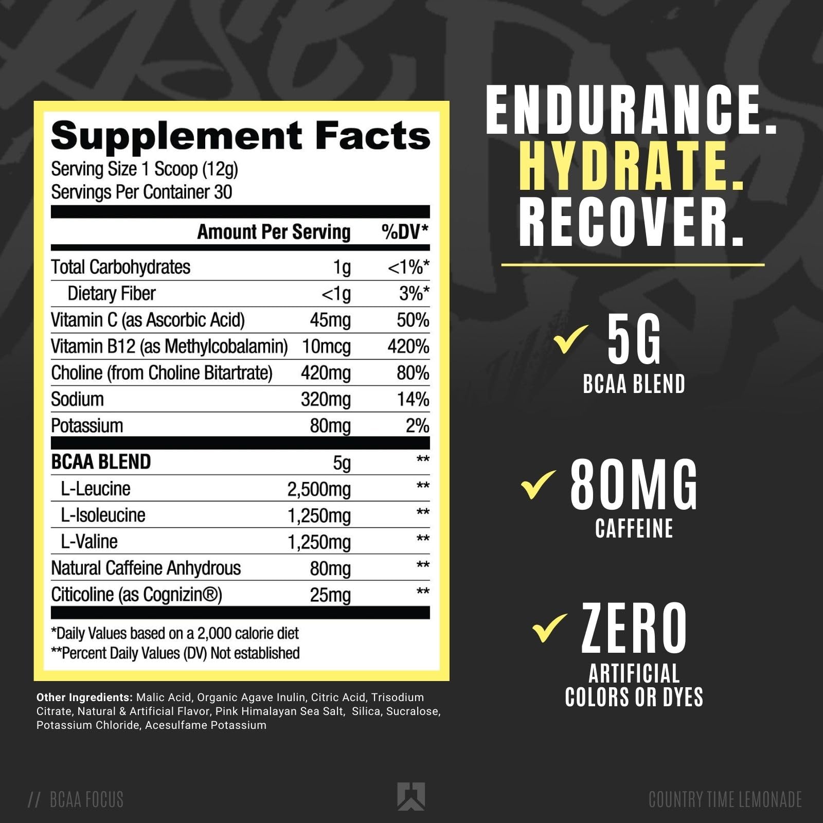 RYSE Up BCAA Focus Lemonade tub with servings for electrolyte hydration.