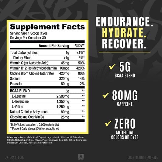 RYSE Up BCAA Focus Lemonade tub with servings for electrolyte hydration.