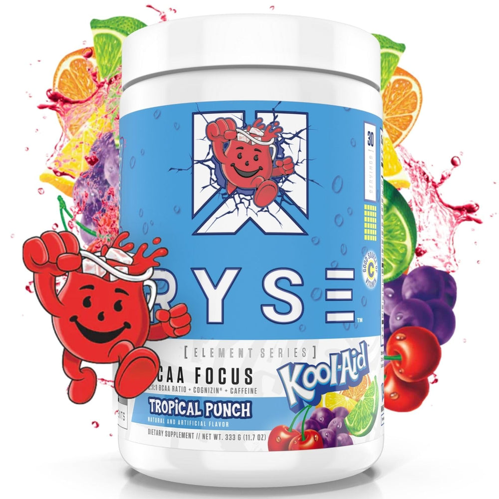 RYSE Up BCAA Focus Powder bottle with Kool-Aid Tropical Punch flavor for hydration and steady energy