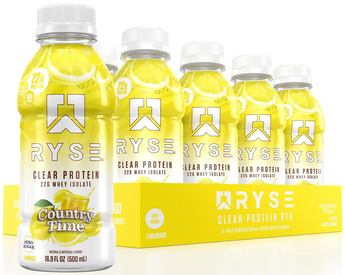 RYSE Up Clear Protein Drink Country Time Lemonade bottle shown for refreshing protein intake