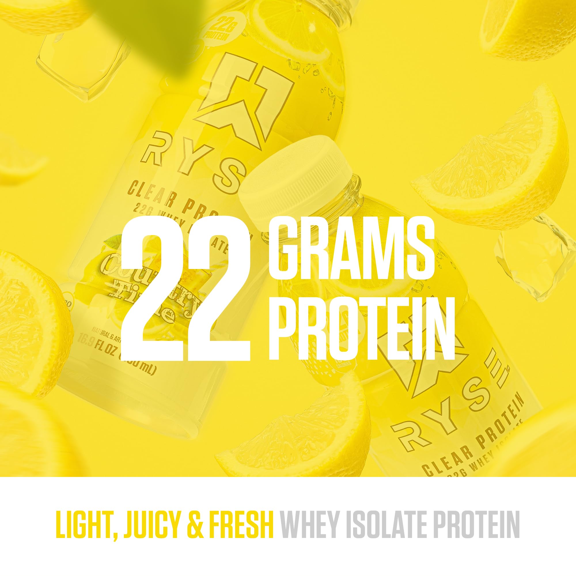 Close-up of RYSE Clear Protein Drink label with 22g whey isolate and sugar-free claim
