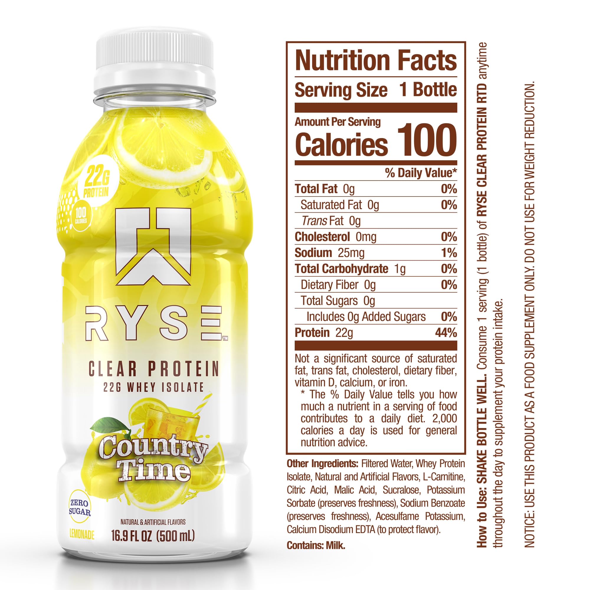 Pour of RYSE Clear Protein Drink Country Time Lemonade highlights juice-like texture