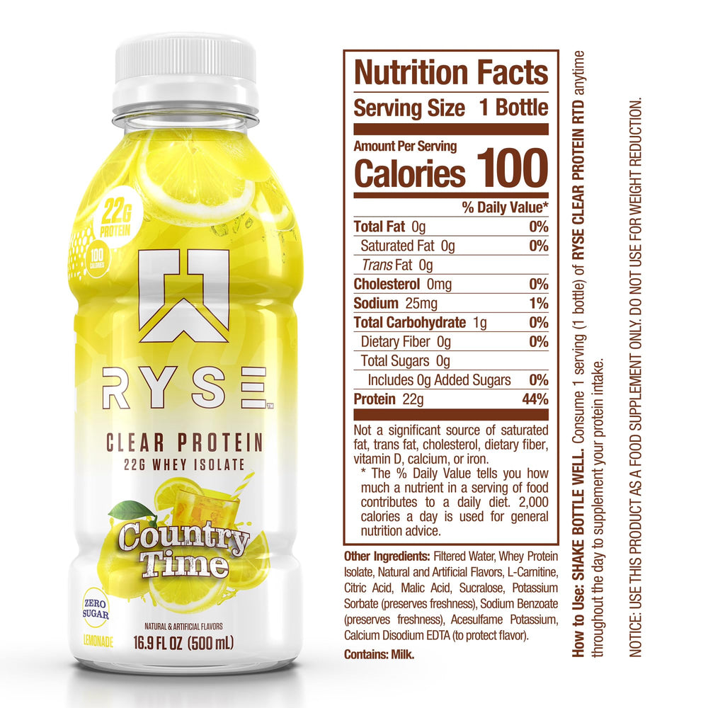 Pour of RYSE Clear Protein Drink Country Time Lemonade highlights juice-like texture