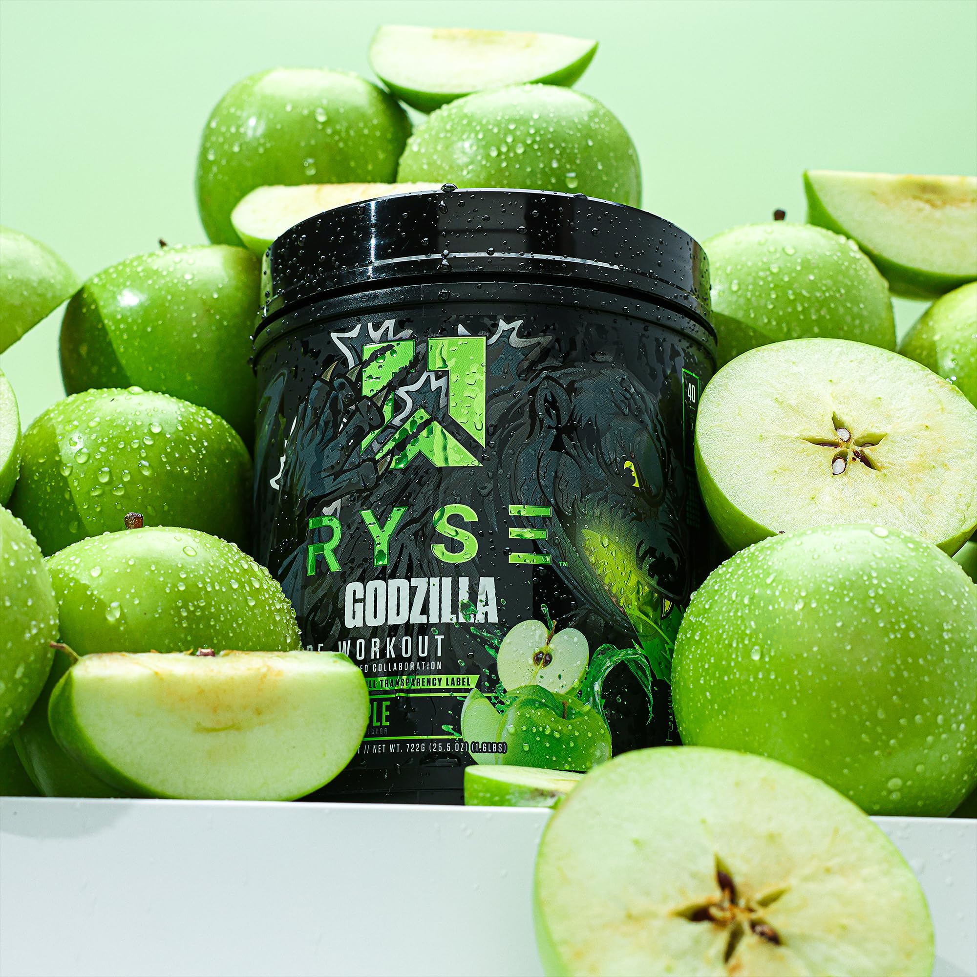 RYSE Up Godzilla Green Apple label close-up highlighting caffeine per serving.