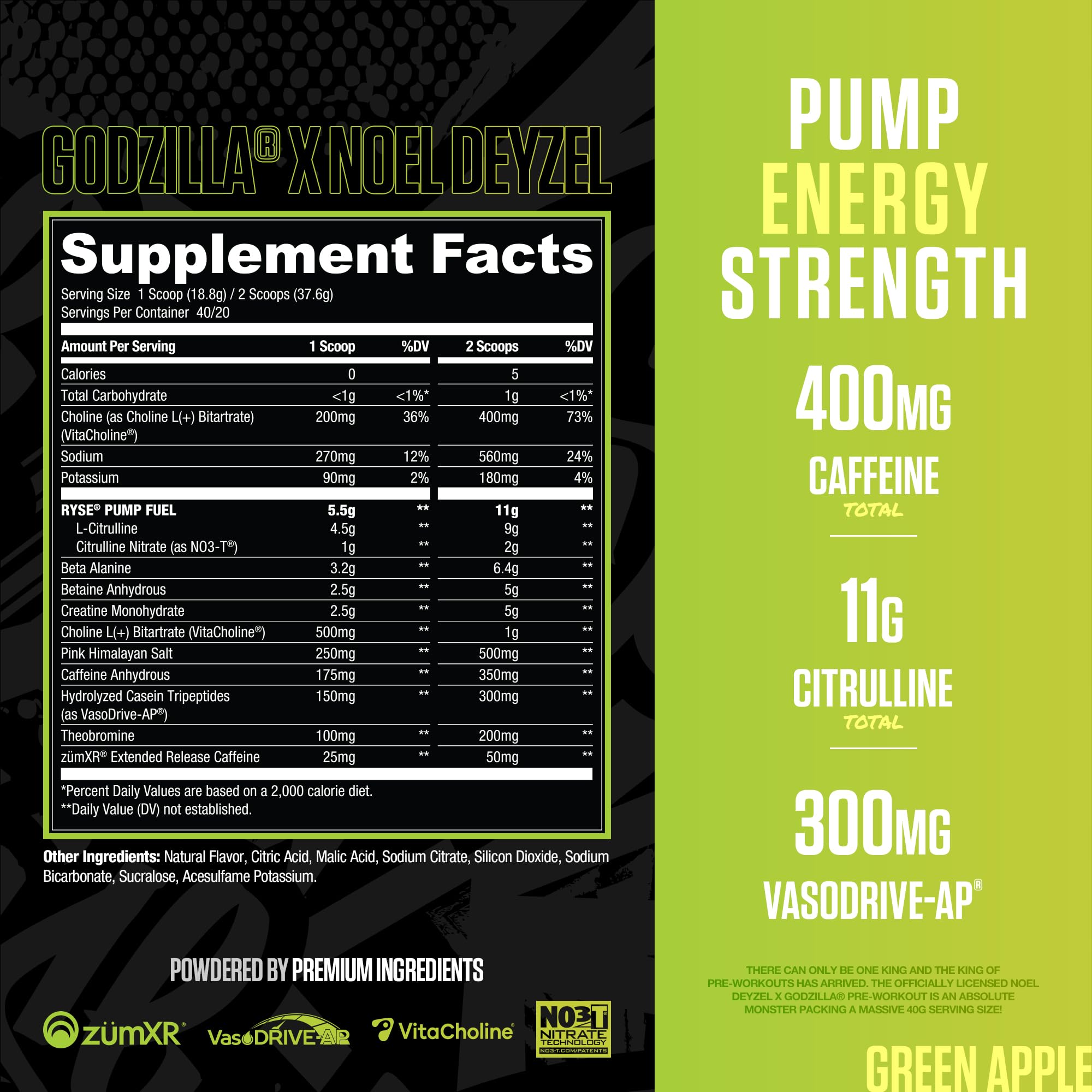 RYSE Up Godzilla Green Apple serving scoop at label for consistent energy.