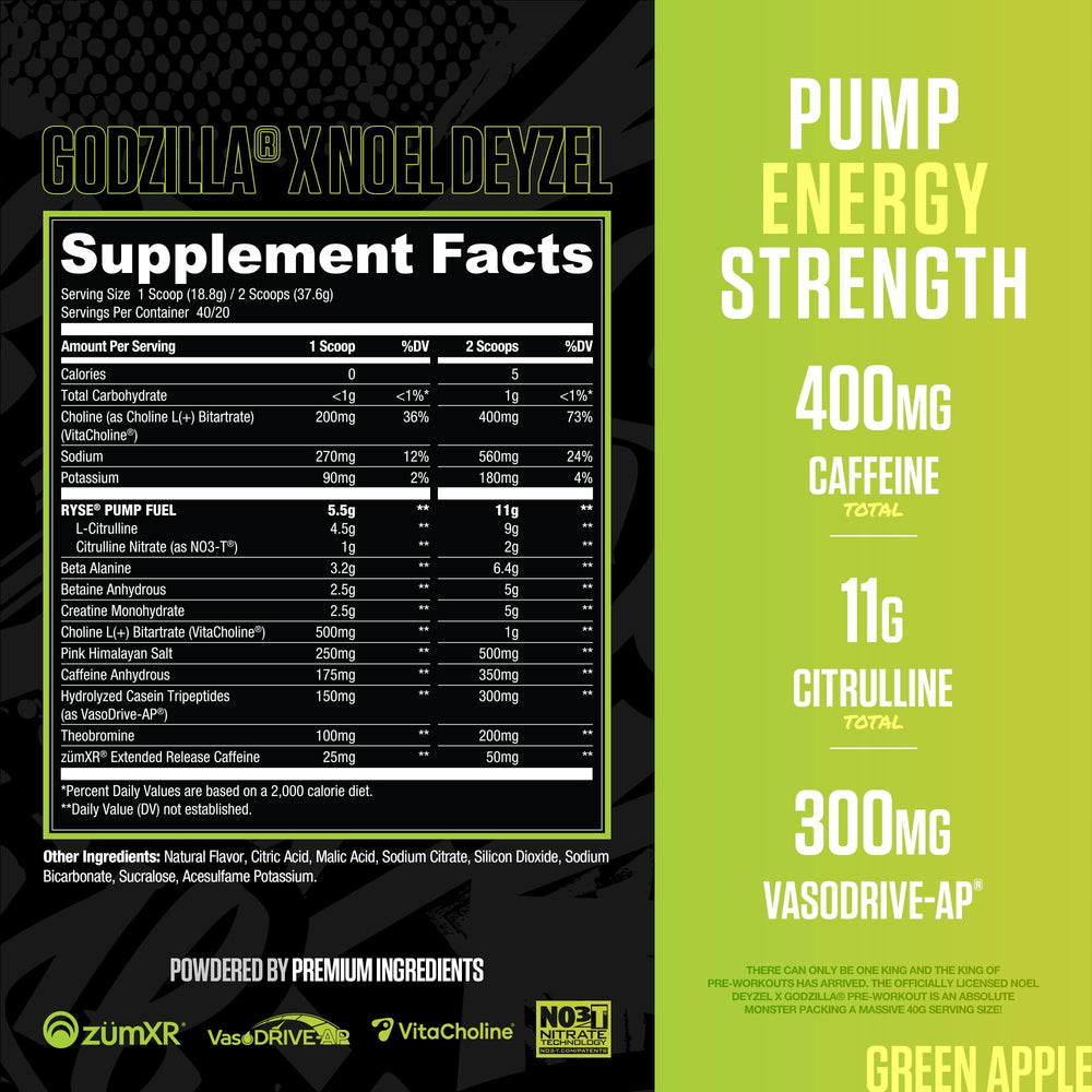 RYSE Up Godzilla Green Apple serving scoop at label for consistent energy.