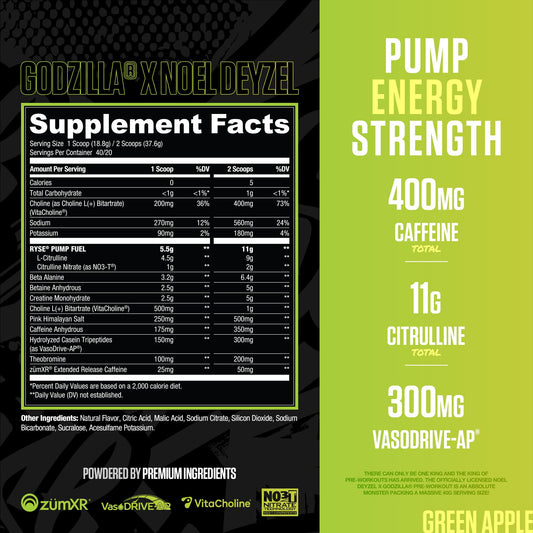 RYSE Up Godzilla Green Apple serving scoop at label for consistent energy.