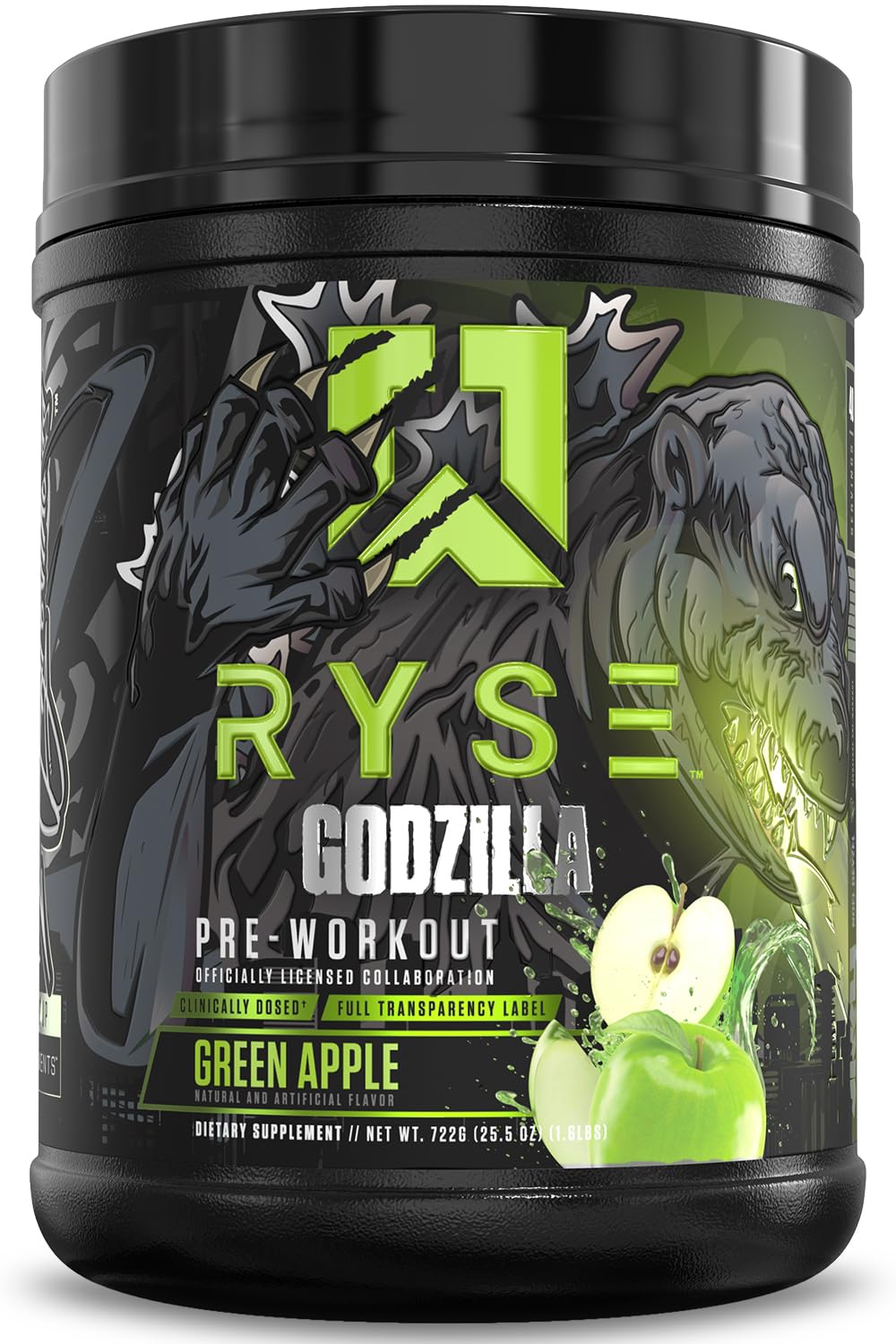 RYSE Up Godzilla Green Apple tub front, high-stim pre-workout for intense training.