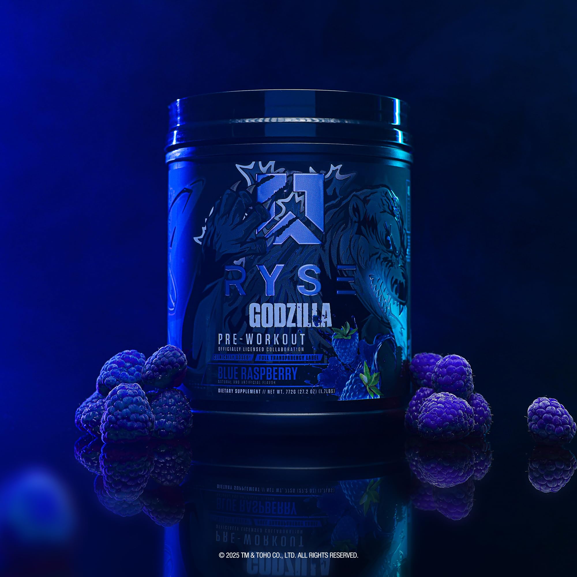 RYSE Up Godzilla blue raspberry side view canister emphasizing premium packaging.