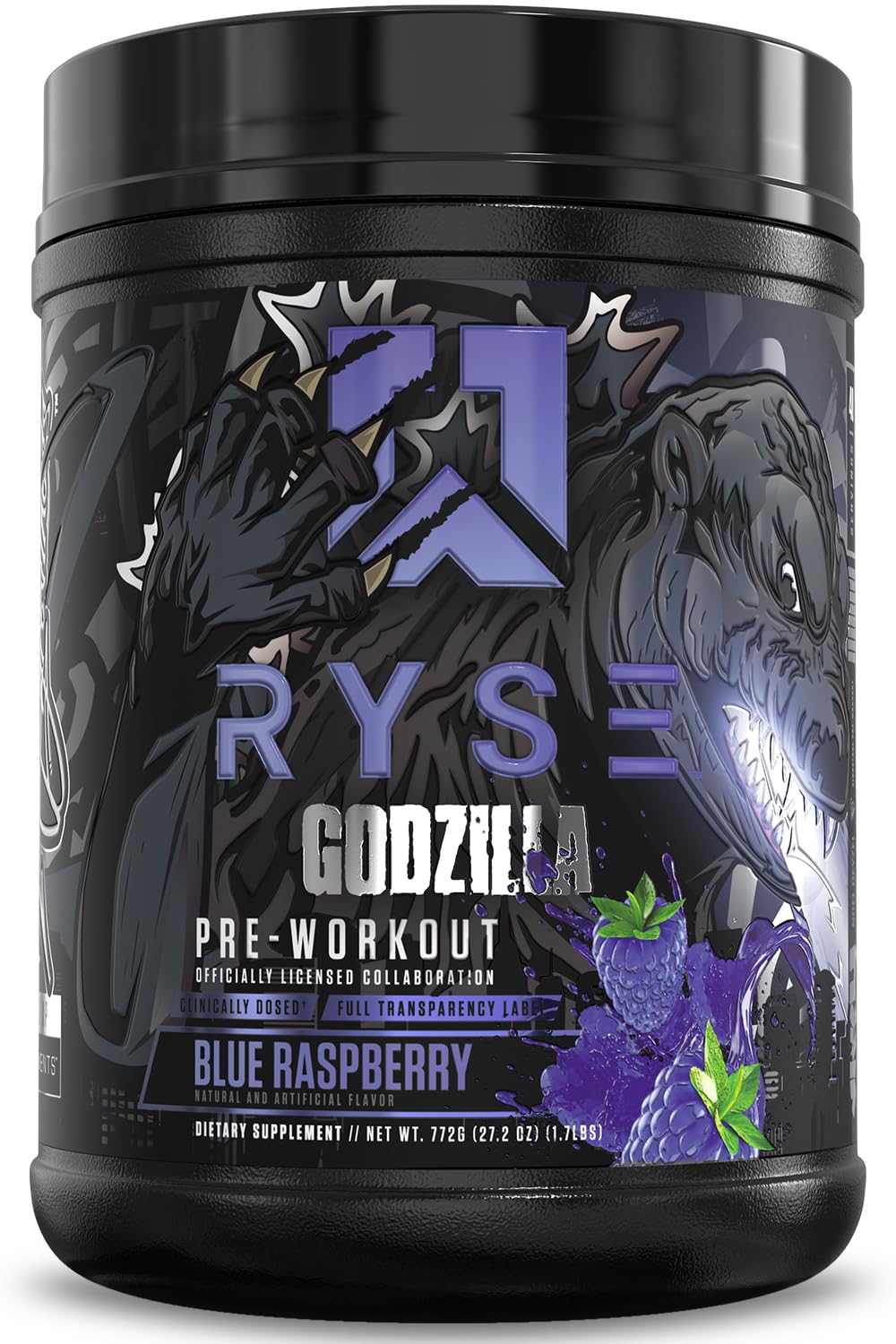 RYSE Up Godzilla blue raspberry bottle for explosive energy and focus.