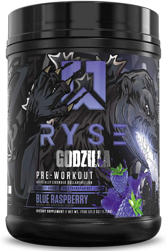 RYSE Up Godzilla blue raspberry bottle for explosive energy and focus.