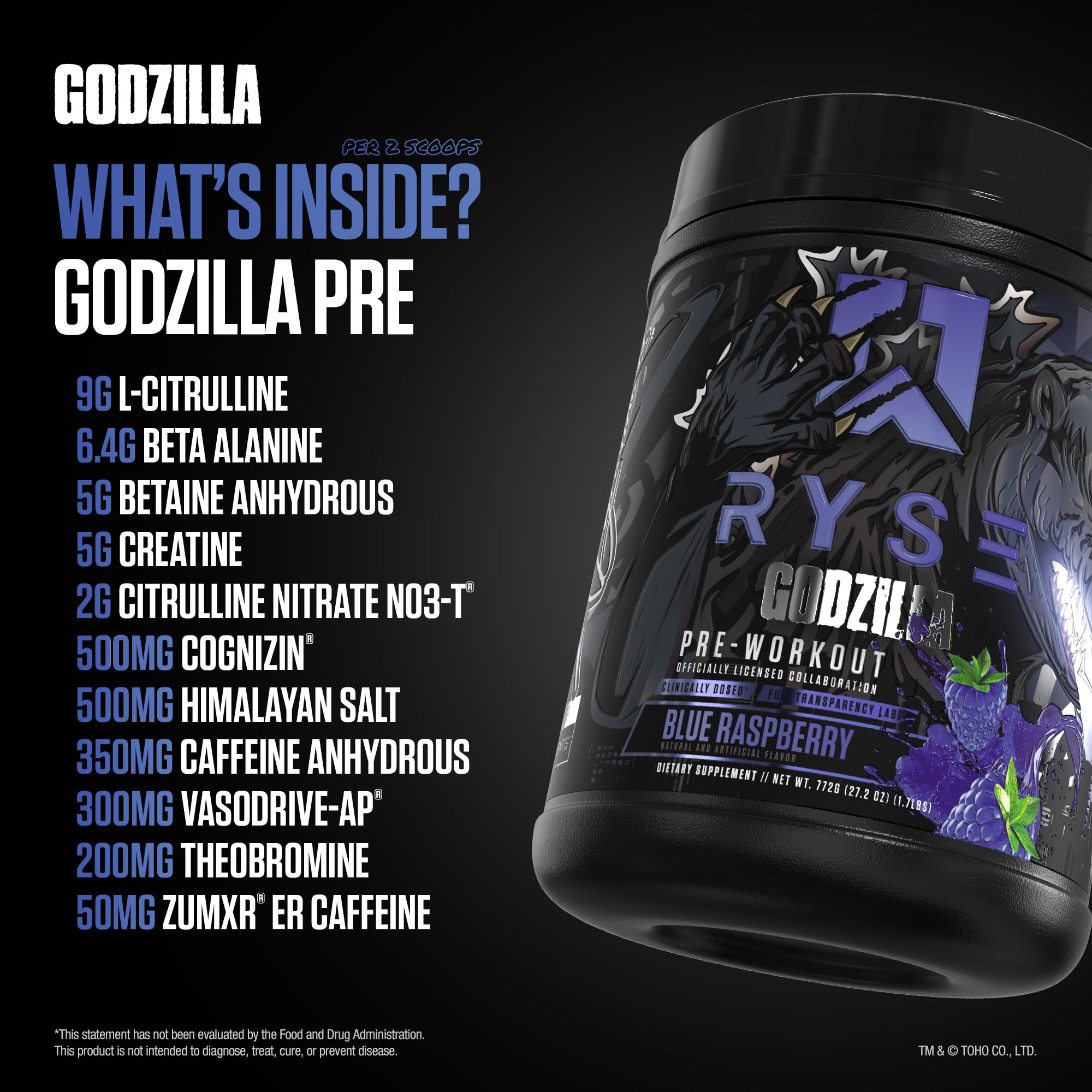 RYSE Up Godzilla blue raspberry label highlighting key ingredients and caffeine.